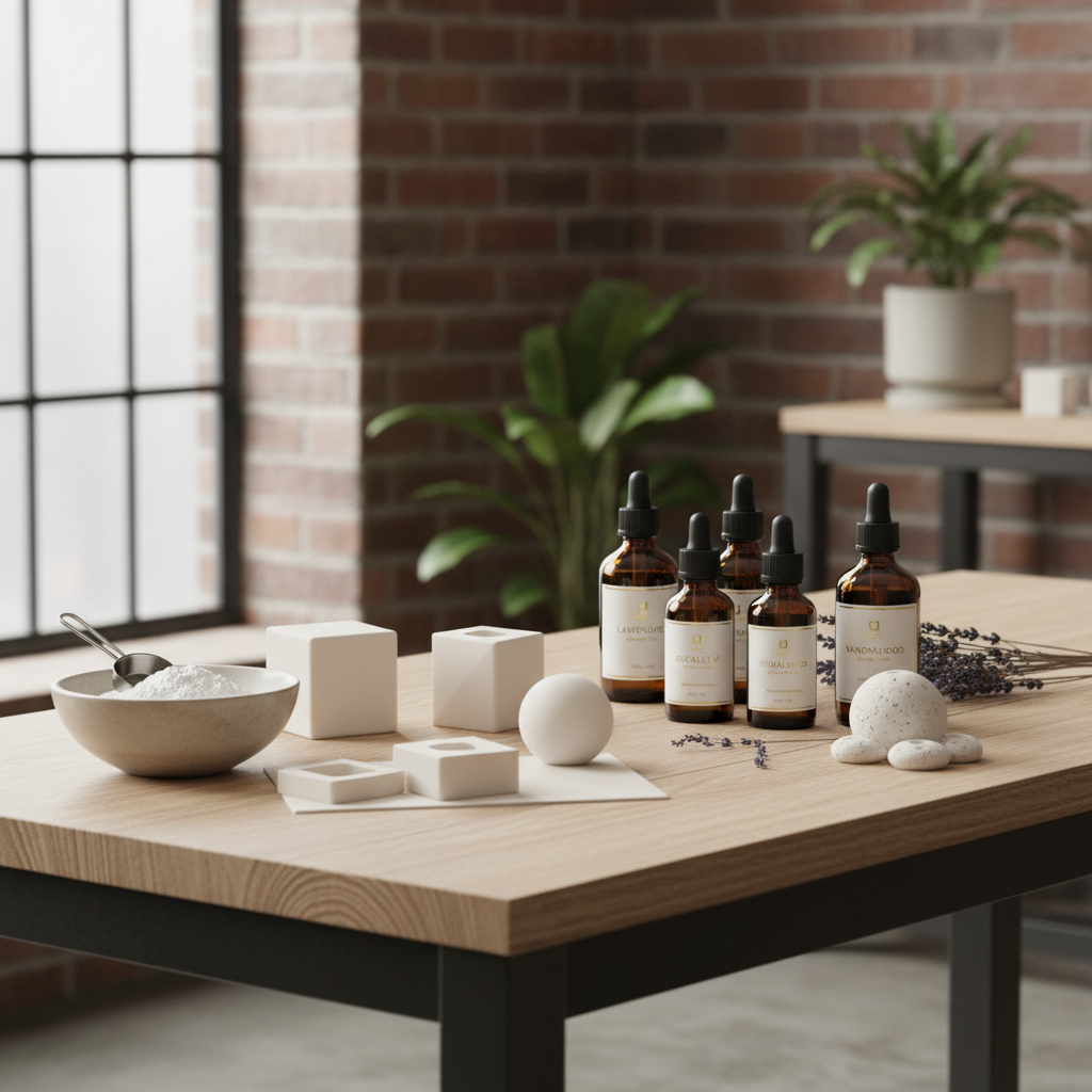 석고 가루, 실리콘 몰드, 아로마 오일 병이 깨끗한 나무 책상 위에 정갈하게 놓여 있는 원재료 준비 과정의 고해상도 사진