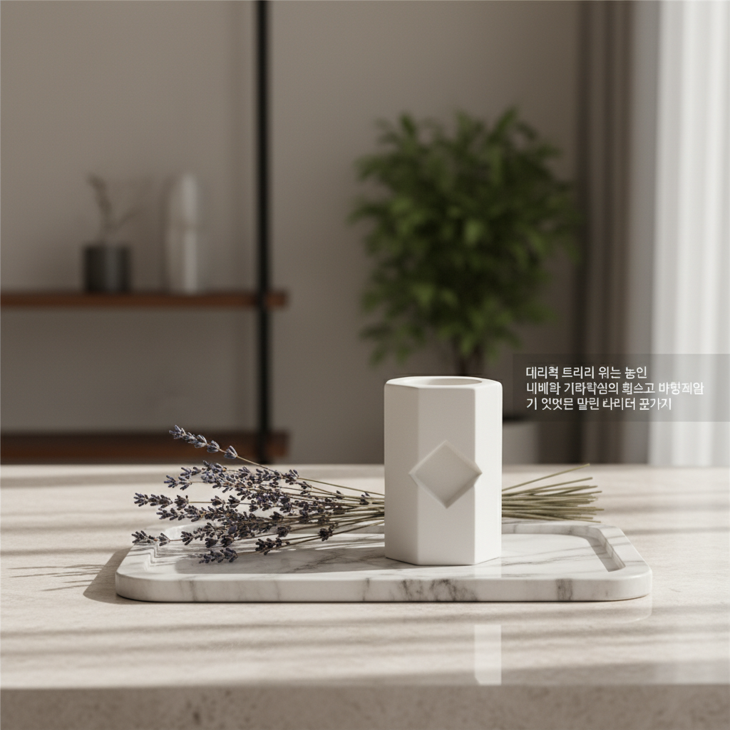 대리석 트레이 위에 놓인 미니멀한 기하학적 디자인의 흰색 석고 방향제와 그 옆에 장식된 말린 라벤더 꽃가지