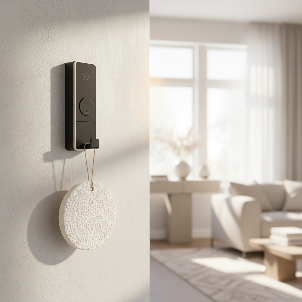 밝고 화사한 햇살이 비치는 거실의 세련된 도어벨에 매달린 정교한 레이스 문양의 원형 석고 방향제