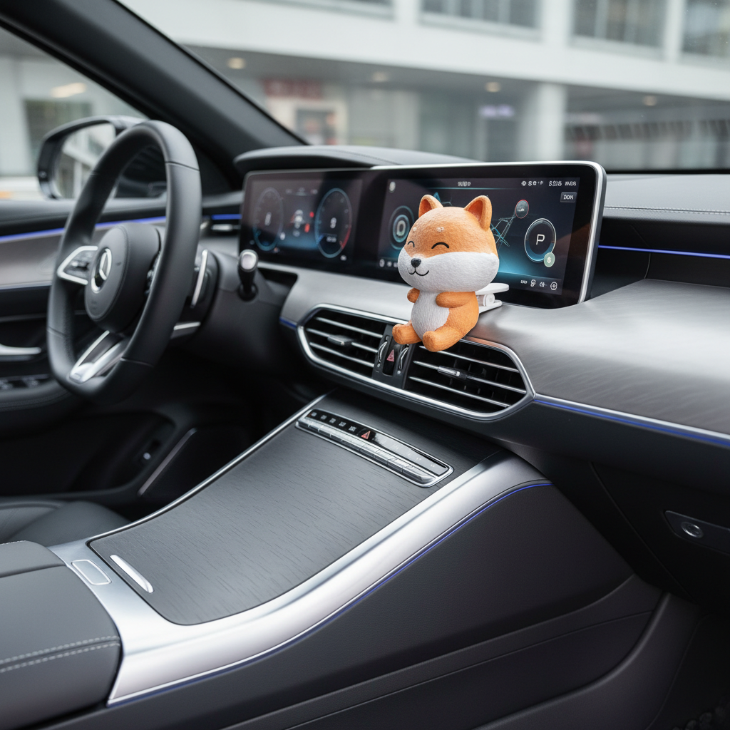 자동차 송풍구에 안정적으로 장착된 귀여운 캐릭터 모양의 채색된 석고 방향제와 현대적인 차량 내부 인테리어