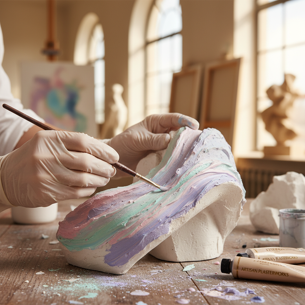 세밀한 붓을 사용하여 굳은 석고 표면에 섬세하게 파스텔 톤 아크릴 물감을 칠하고 있는 예술적인 작업 모습