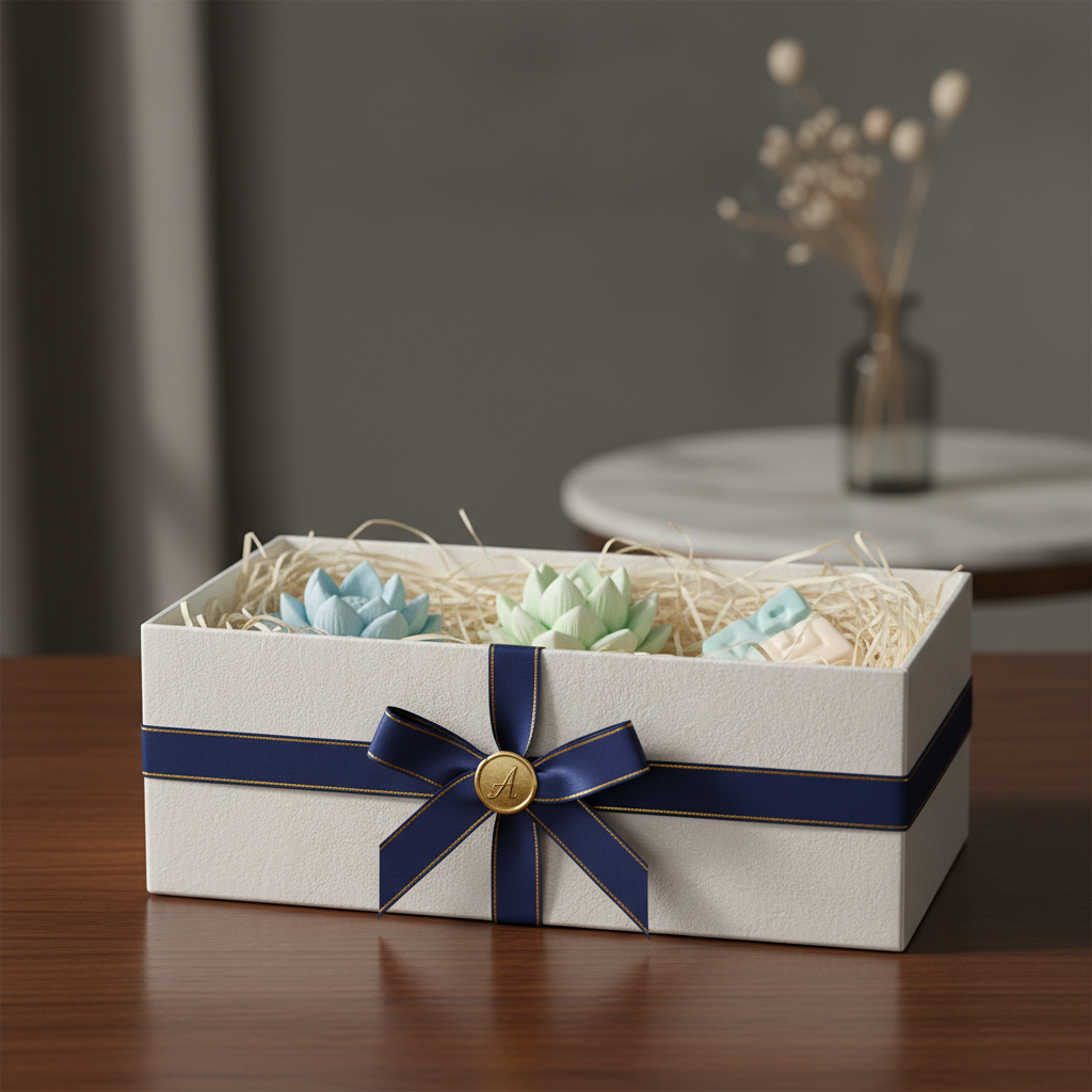 고급스러운 종이 상자에 습지 파쇄지와 함께 정성스럽게 담겨 리본으로 마무리된 선물용 석고 방향제 패키지