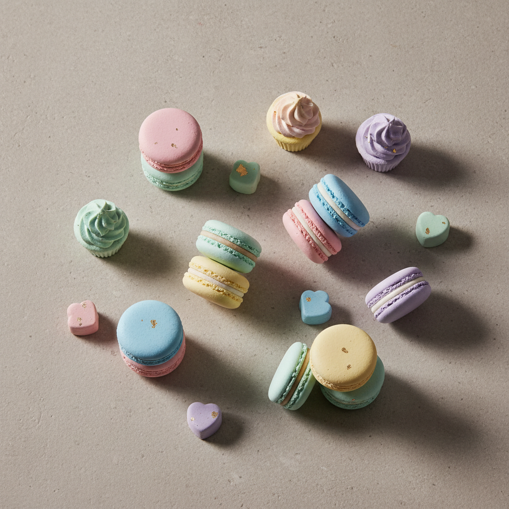 뉴트럴 톤의 배경 위로 다양한 파스텔 색상의 마카롱 및 디저트 모양 석고 방향제들이 감각적으로 배치된 탑뷰 사진